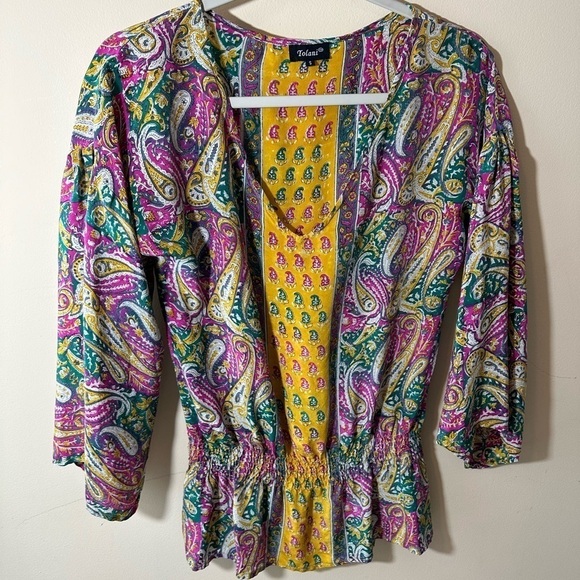 Anthropologie Tolani 100% paisley Silk boho peasant tunic top S - Picture 1 of 7